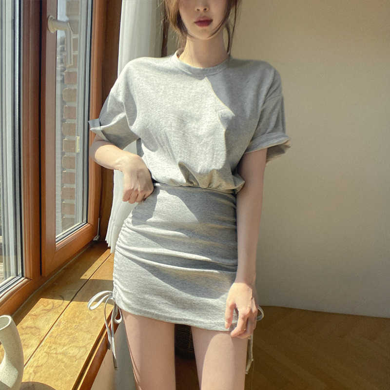 

WOMENGAGA Korea Summer Mini Dress Round Neck Short Sleeve Drawstring High Waist Fake Two Piece Dresses T Shirt QEQ2 210603, Black