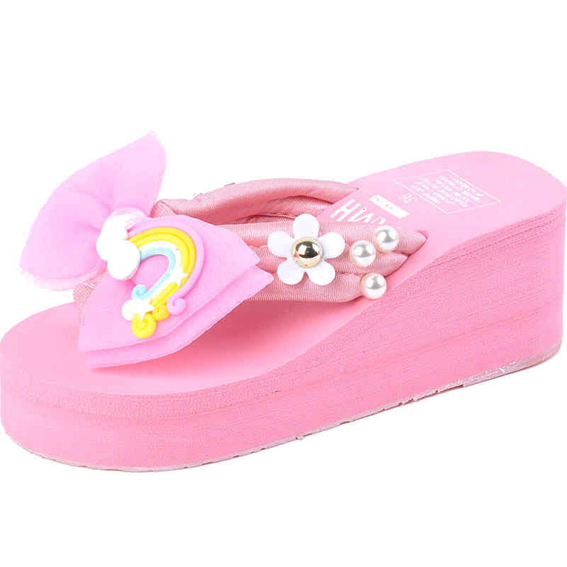 

Slippers women's summer clip foot slipper Korean rainbow bow slope heel thick bottom muffin high flip flop MHM3, 1# shoe box