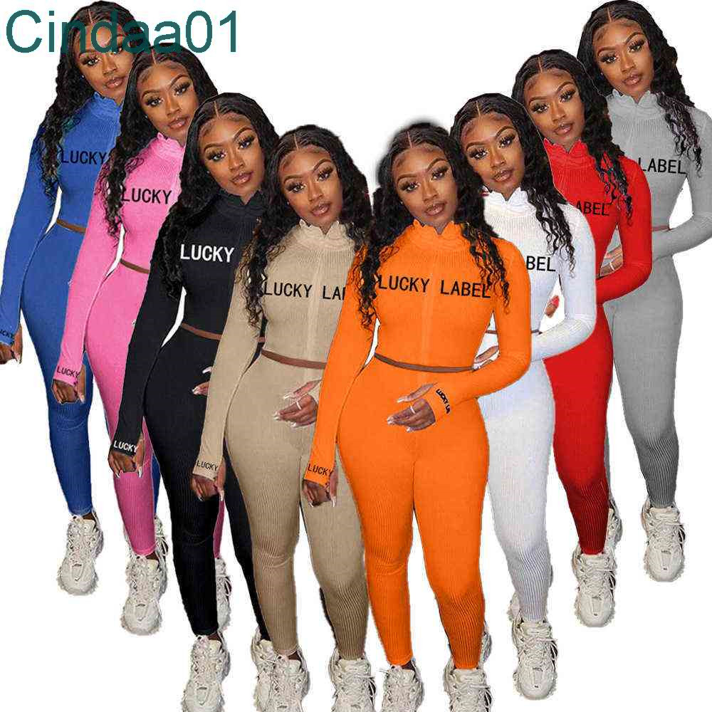 

Women Two Piece Pants Set Designer Sexy Solid Color Embroidery Letters Zipper Long Sleeve High Collar Bodysuit Leggings Outfits 8 Colours, Gray