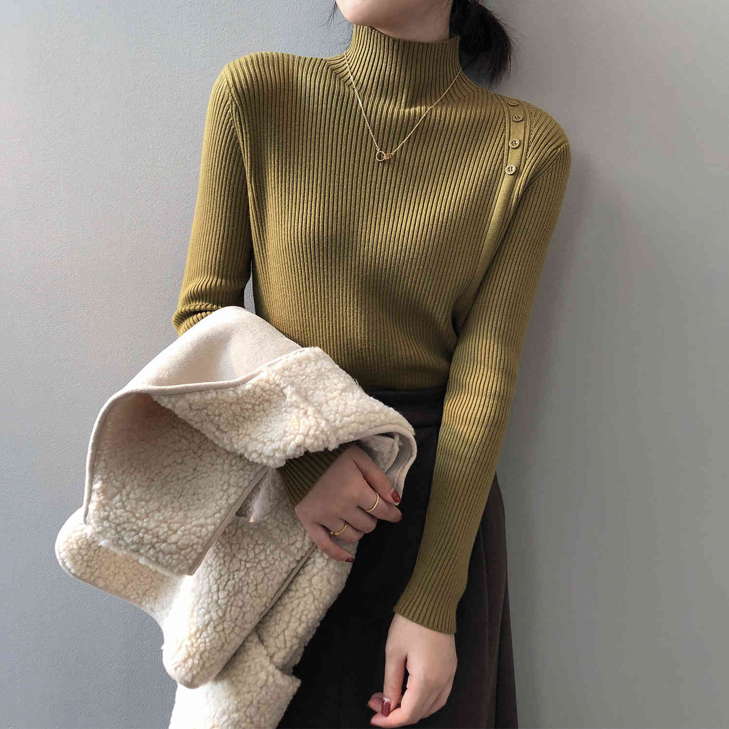

Turtleneck Sweater Women Autumn Winter Western Style Slim Thin Design Base Knitwear Bottoming Shirt All Match 210520, Brown