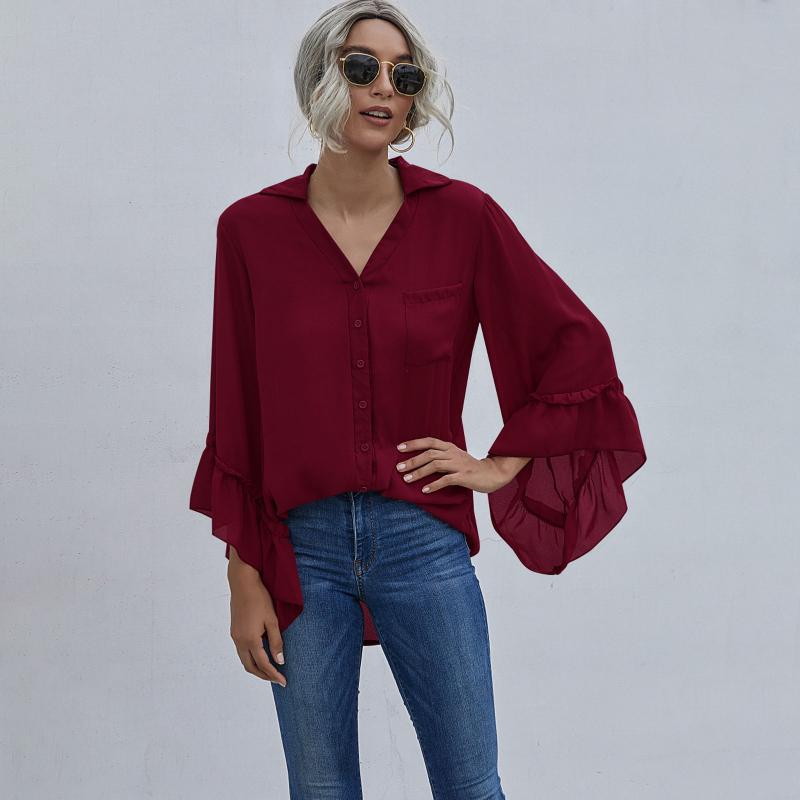 

Women's Blouses & Shirts Women V Neck Blouse Ruffle Bell Sleeve Lotus Leaf Edge Buttoned Front Casual Loose Tunic Tops, White