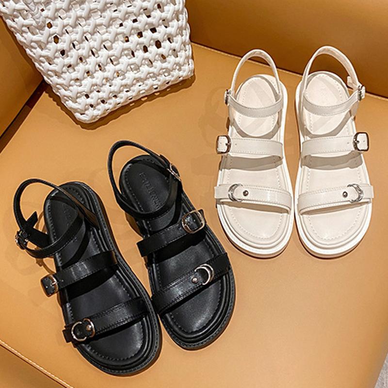 

Female Sandals Summer Metal Shoes Ladies Fashion Women Slides Buckle Strap Outside Flat With For 2021 Woman, Black