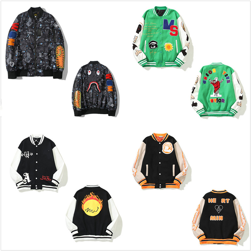 

1 Men's jacket high street trend baseball suit high quality loose casual embroidered leather sleeves spliced cotton jackets hip-hop 2022, 1pcs button