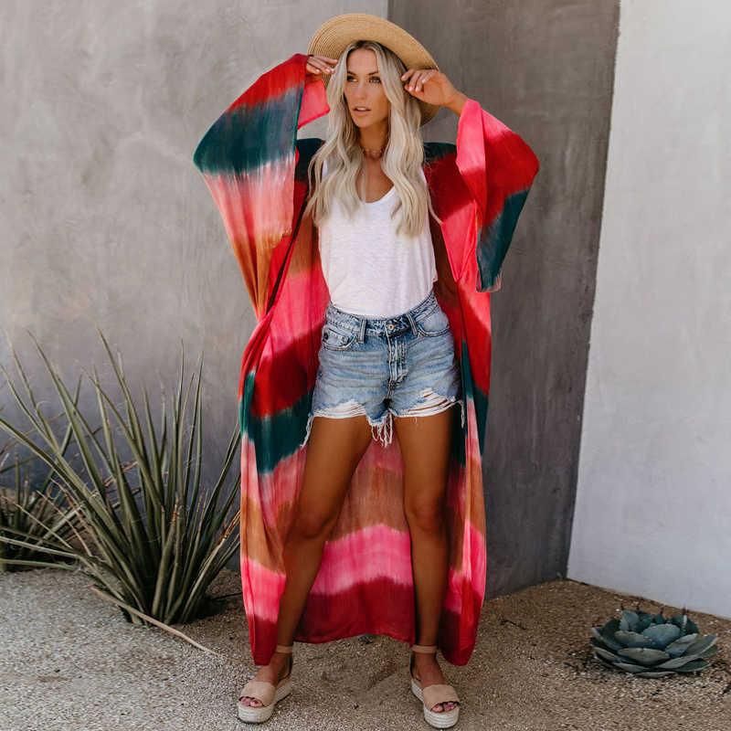 

Women' Swimwear Fitshinling Tie Dye Print Kimomo Beach Bath Summer 2021 Colour Vintage Bikini Cover Bohemian Oversize Long Cardigan, Red.