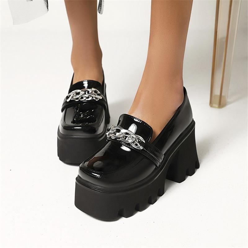 

Large Size Square Toe Metal Chain Platform Street Trendy Shoes Super High Thick Heel Waterproof Unisex Punk Style Fashion Pumps Dress, Black