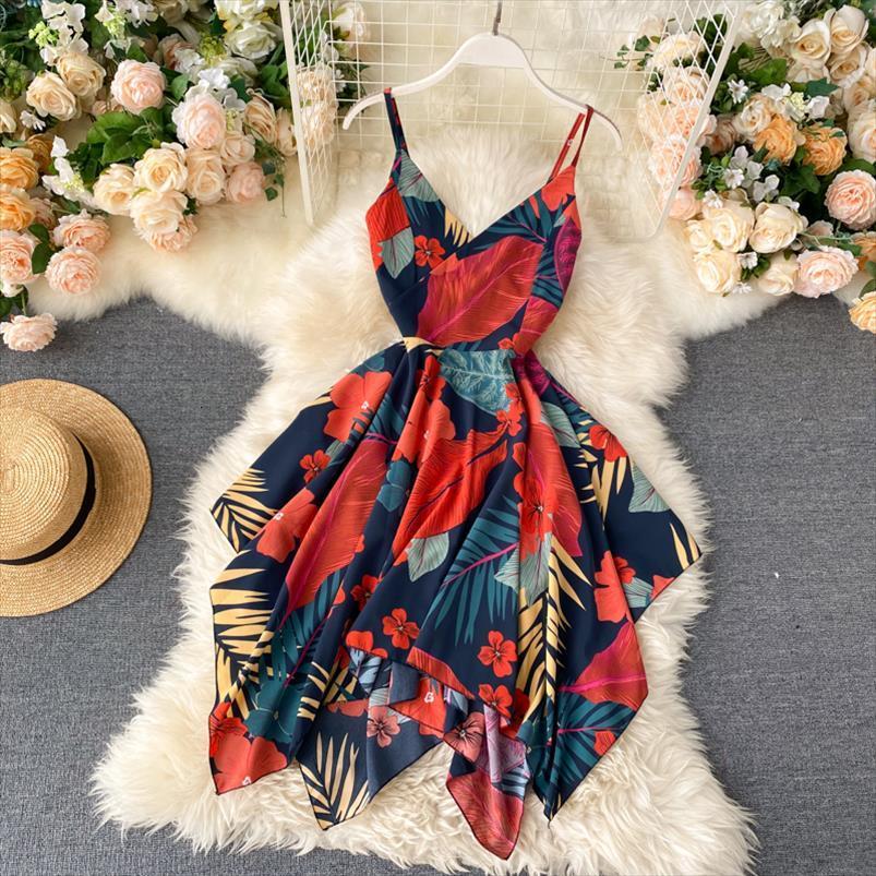 

boho v neck slim womens camis floral print midi dress spaghetti strap summer party women casual irregular beach, White