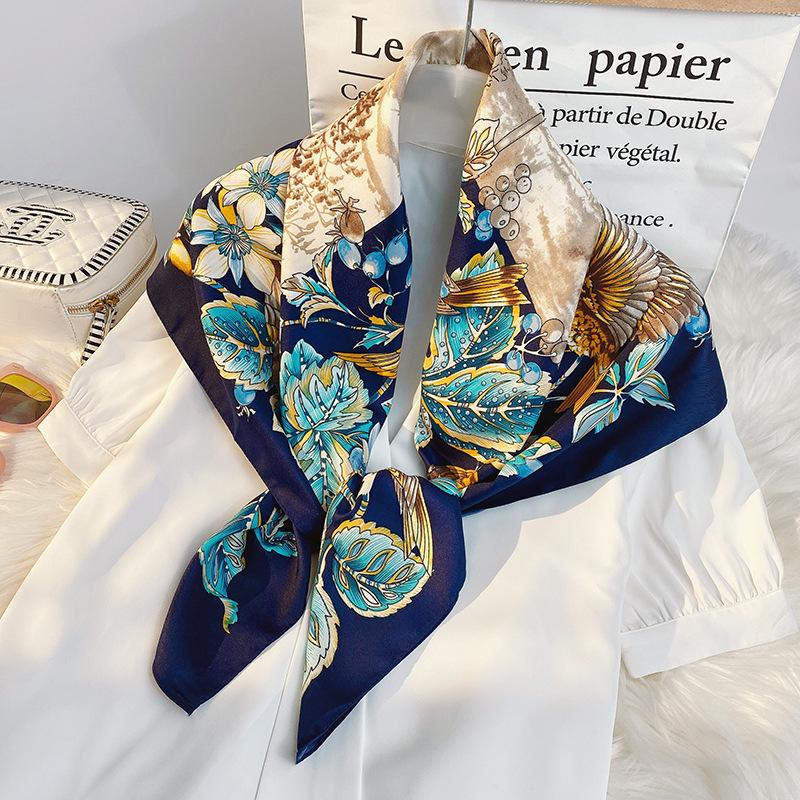 

Scarves 90cm Spring And Summer Twill Silk Scarf Women Sweet Flower Decoration Small Square Printed Shawl Wrap For Bag Designer, Blue;gray