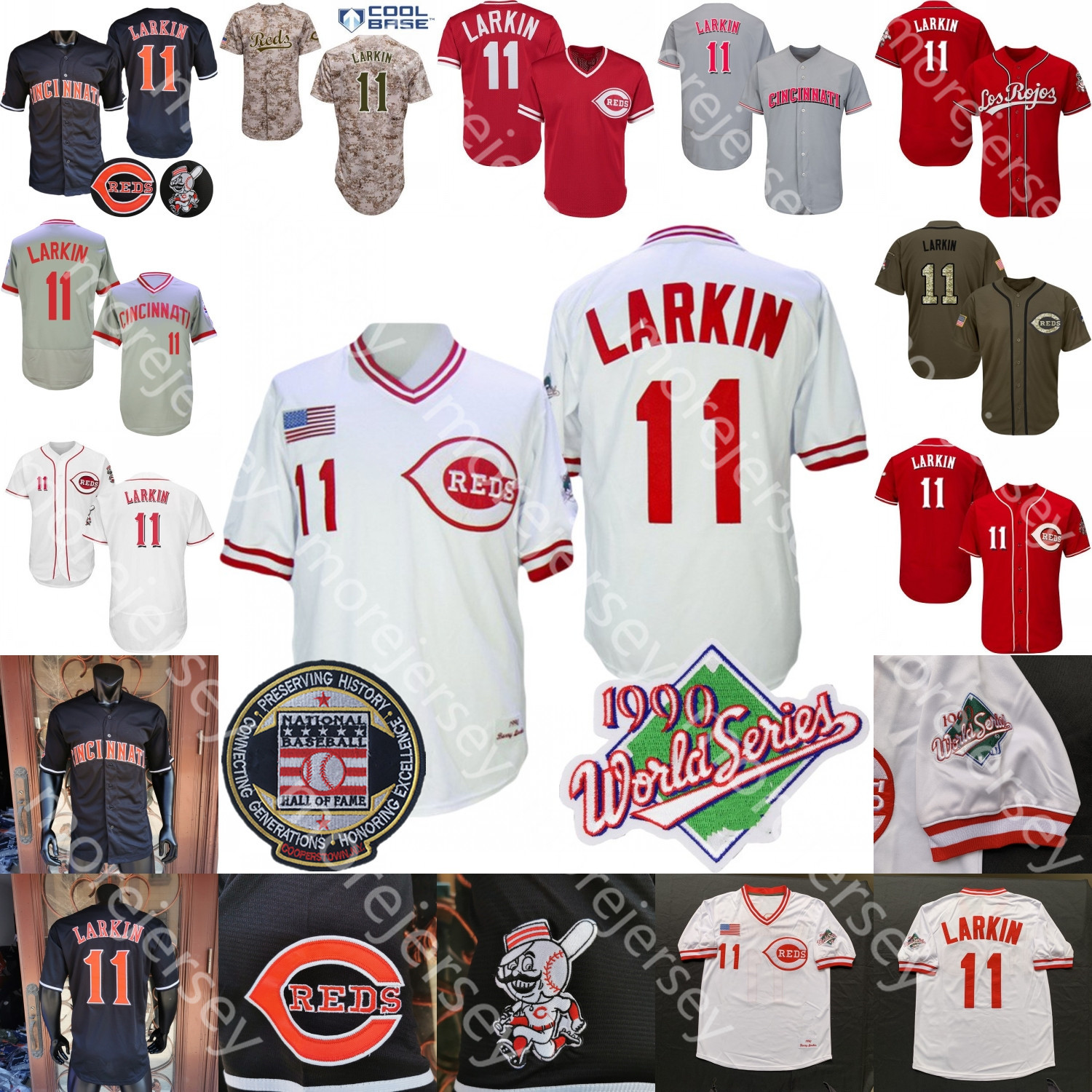 

Vintage Barry Larkin Jersey Hall Of Fame Patch 1990 WS White Grey Pullover Red Player Fans Camo Black Golden Salute to Service Size S-3XL, With name no patch