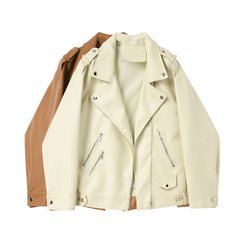 

Faux Leather Jacket Women Streetwear Loose Biker Motorcycle Coat Female Fashion BF Rivet Oversize PU Outwear Fall 210525, Apricot