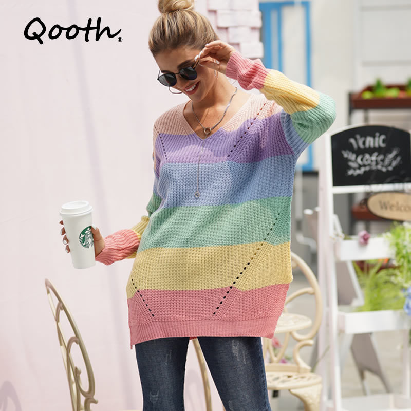 

Qooth Loose Jumper Women Crochet Top Knitwear Stripe Long Sleeve V neck Pullover Sweaters Women Loose Casual Top QT343 210518, Rainbow