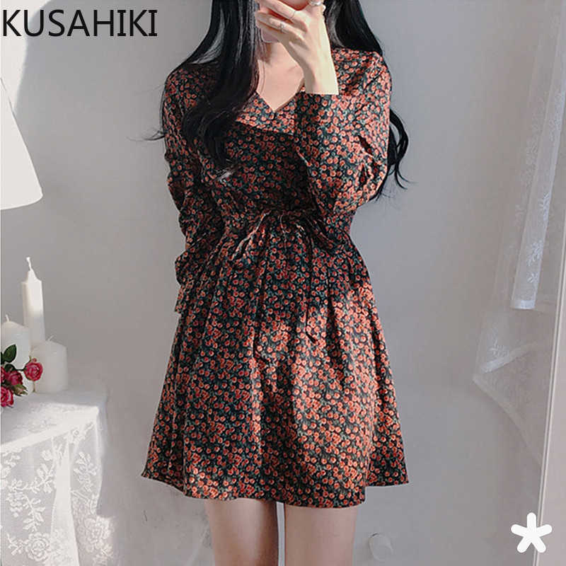 

KUSAHIKI Spring Floral Chiffon Dress Elegant V-neck Puff Sleeve Women Dresses Korean Sashes Slim Waist Vestidos 6E686 210602, Red
