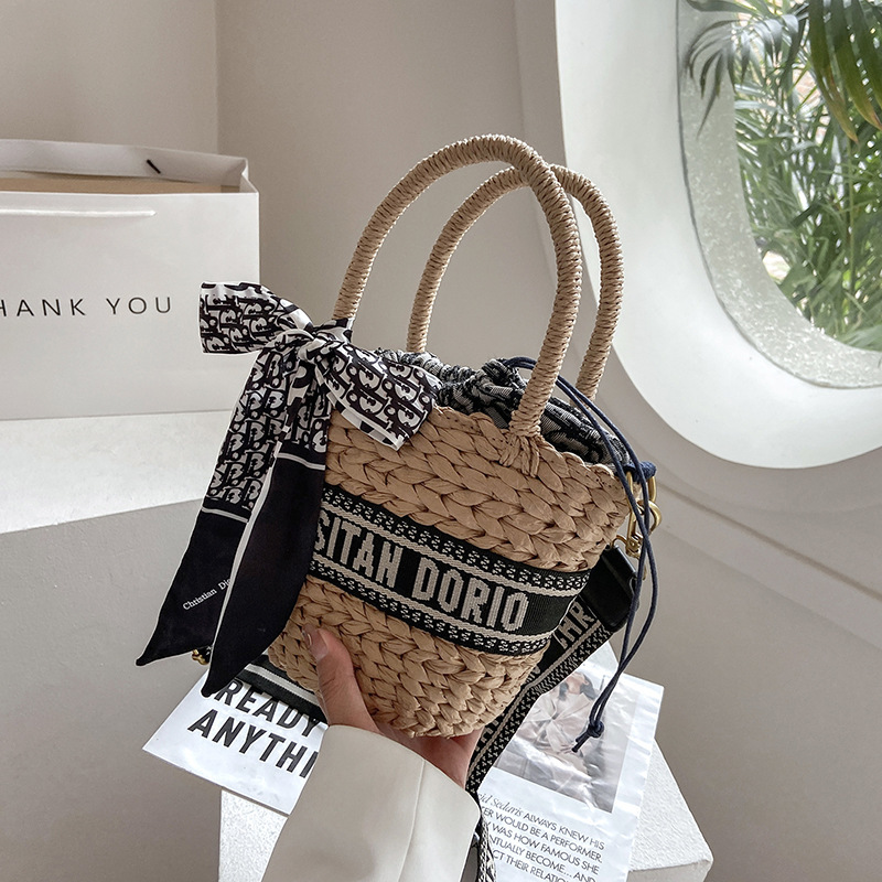 D home woven bucket 2021 summer new silk scarf Beach Women's large capacity portable one shoulder women's bag