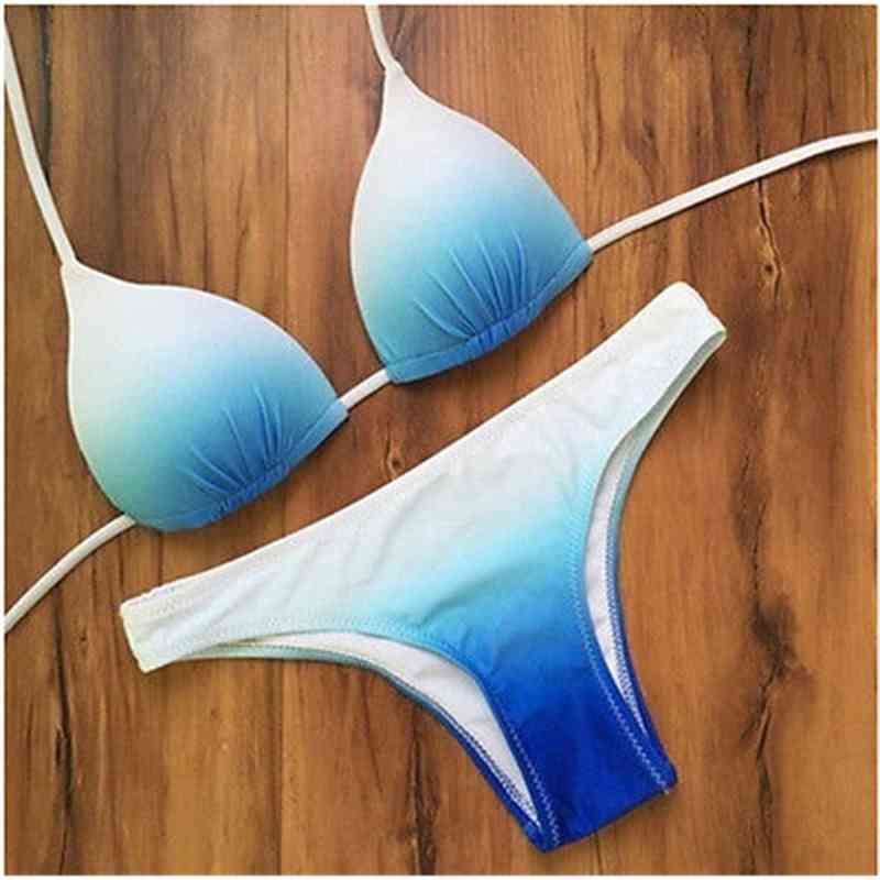 Cheap Sale Blue Gradient Sexy Halter Top Bikinis Women Swimwear Push Up Retro Female Swimsuit Bikini Set Beachwear Bathing-image-680324762