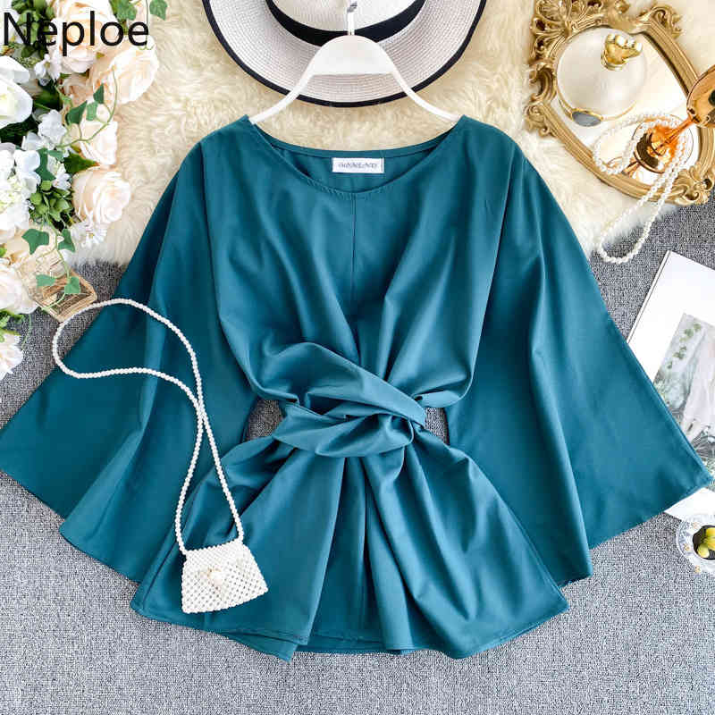 Neploe Blouse Women Blusas De Mujer Bandage Slim Waist Shirts O-neck Flare Sleeve Tops Chic Temperament Blouses Female 210422