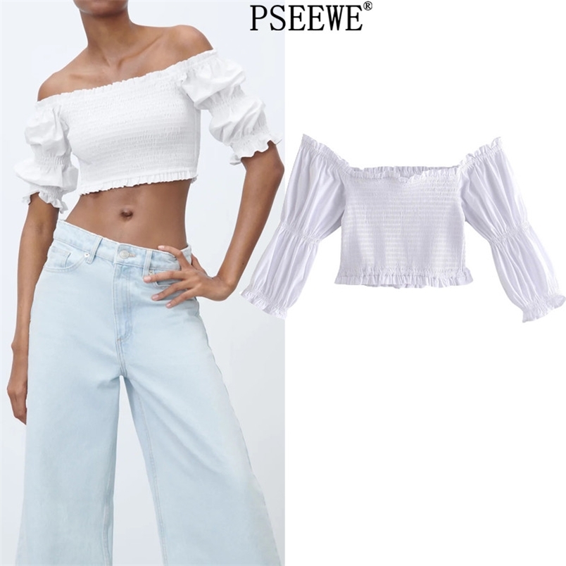 

Summer Women Blouse White Off Shoulder Top Female Fashion Elastic Slim Ruffle Puff Sleeve Chic Woman 210519