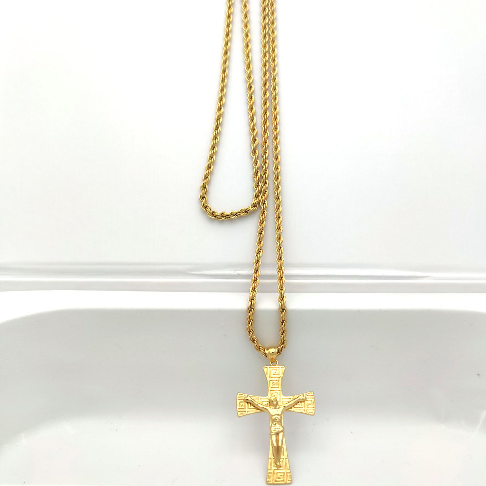 

Jesus Crucifix Big Cross Pendant 22k Solid Fine Gold 18ct THAI BAHT G/F Necklace 800mm Rope Chain Charming Jewelry Hip Hop