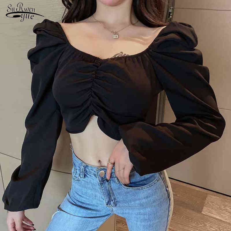 

Fashion Pleated Clavicle Spring Sexy Short Tops Sweet Long Puff Sleeve Shirt Solid Slim Blouse Women Blusas Mujer De Moda 12578 210521, Black