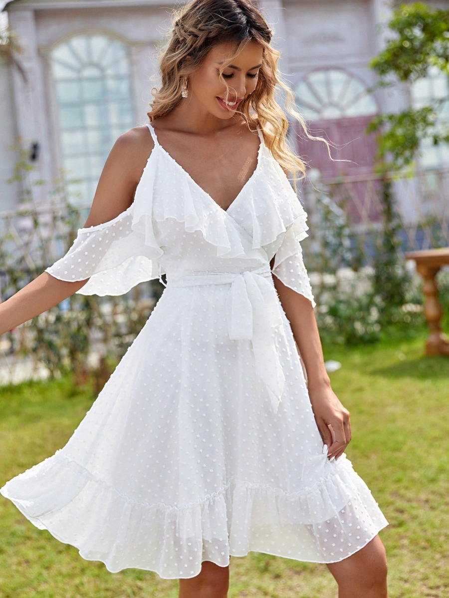 

Swiss Dot Cold Shoulder Ruffle Hem Belted Dress Y44M#, White