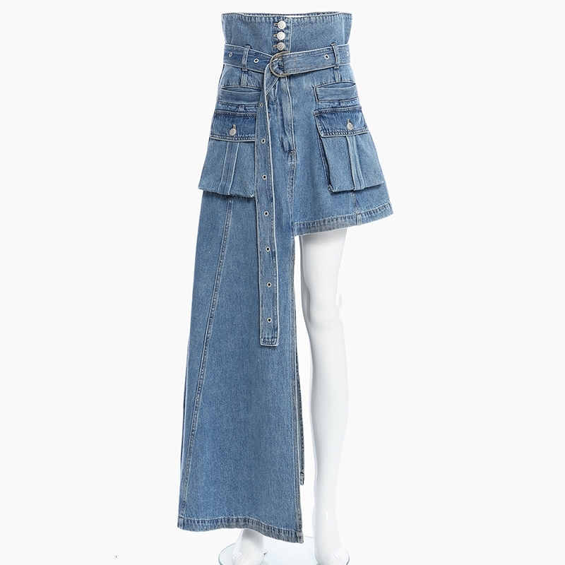 Casual Dresses Women High Waist Denim Skirt Asymmetrical Sashes Tunic Street Maxi Jeans P68Y-image-702430846