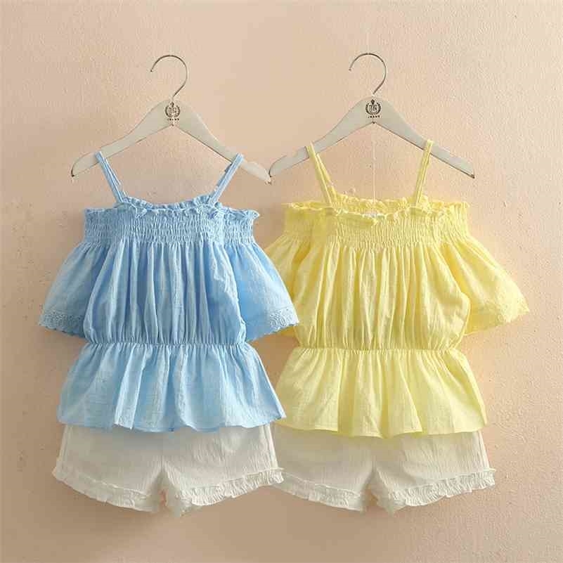 

Fashion 3 4 6 8 10 11 12 Years Cotton Lace Off Shoulder Strap T-shirt+Shorts 2 Pcs Baby Kids Girls Summer Clothing Sets 210701, Blue