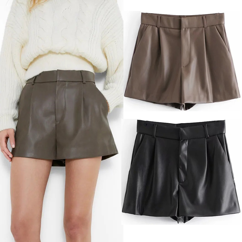 

Pleated High Waisted Faux Leather Shorts Women Za A-line Black Winter Shorts Ladies Vintage Casual Short Pants 210517, Brown