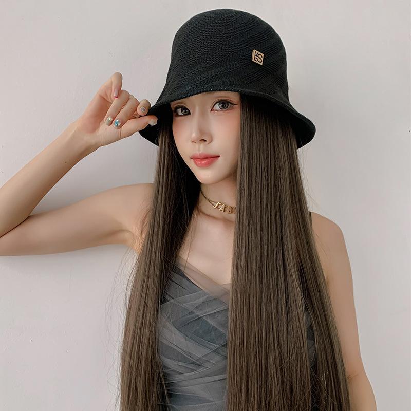 

Berets Wig Hat Female Long Hair Natural Fluffy Korean Hairstyle Cap Straight Women Black Khaki 51cm, Black a