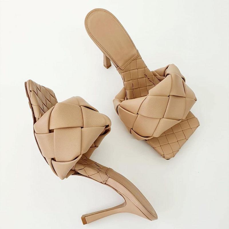 

Slippers Women Mules Shoes Leather Slipper Outside High Heel Summer Black Party Sexy Nude Weave Sandals