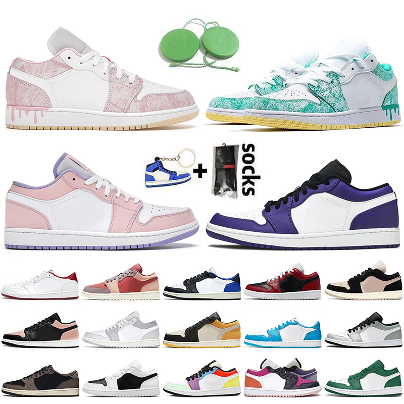 

2021 Top Fashion Low Paint Drip 1 1s Basketball Shoes Women Mens Jumpman Trainers Arctic Punch Court Purple Smoke Grey Elephant Magenta Sneakers, No.36 shattered backboard 36-46