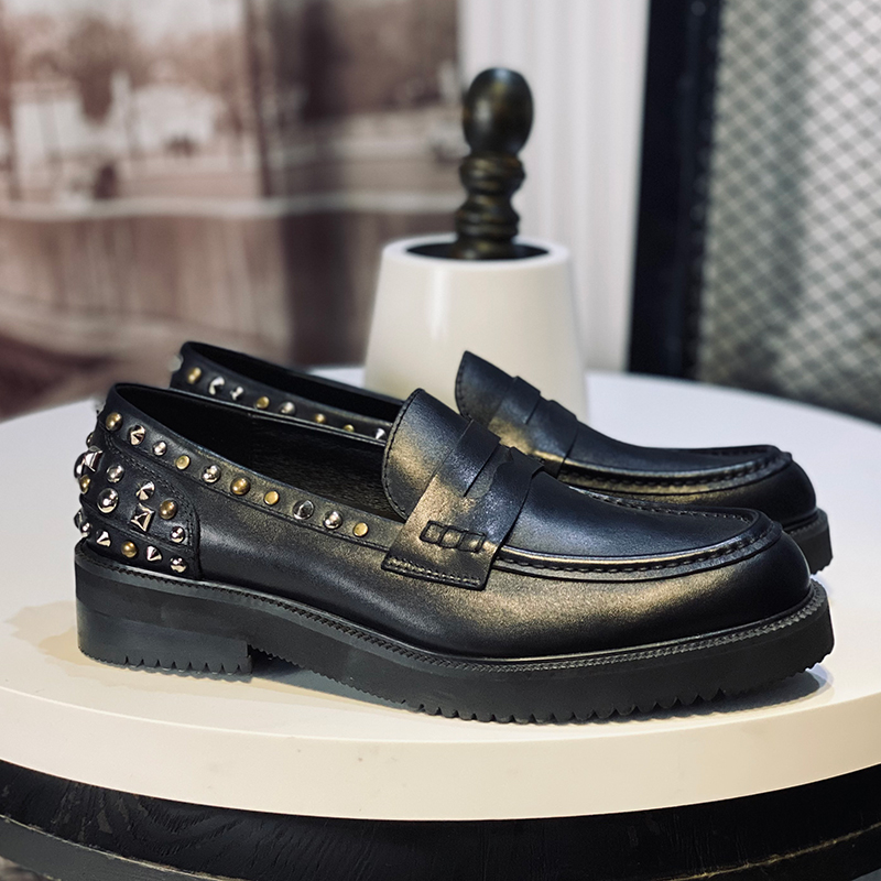 

Fashion Rivets Loafers Flat heel Handmade Cow leather Slip on Male Wedding Dress Shoes Formal Business Oxfords, Black
