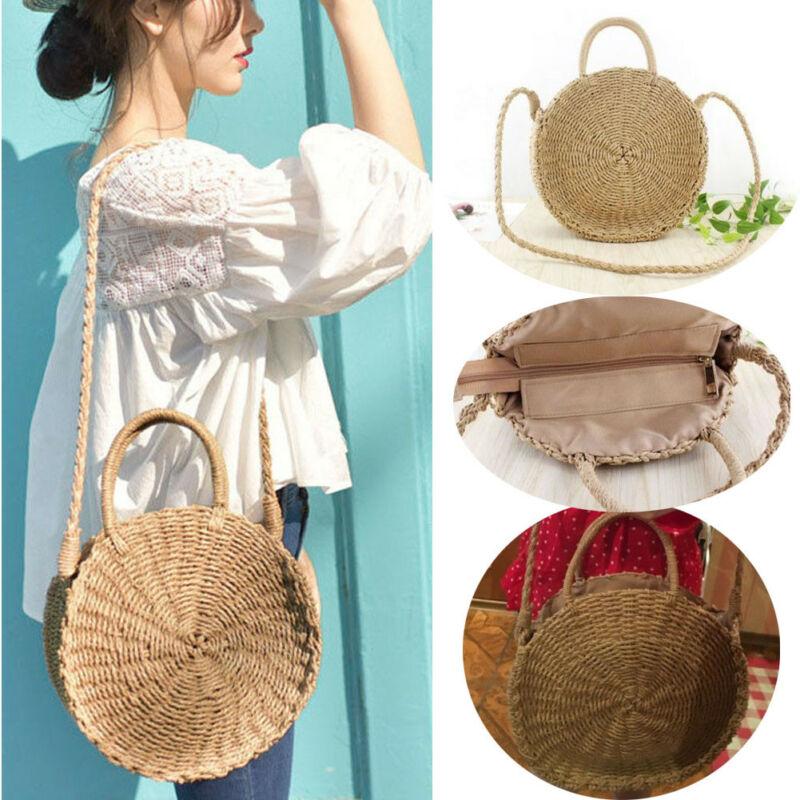 

Shopping Bags Retro Women Straw Handwoven Round Rattan Tote Boho Ladies Knitted, Beige