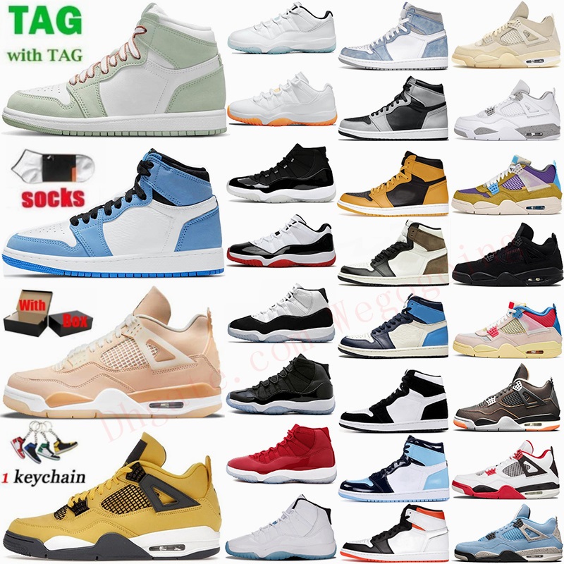 

NK Air Retro Basketball Shoes Jordan S 1 Jorden 4 Jordon 11 AJ Trainers Top Quality 1s 4s 11s High OG Mens Womens Sneakers Mocha University Blue Shimmer White Oreo Shoe, 45