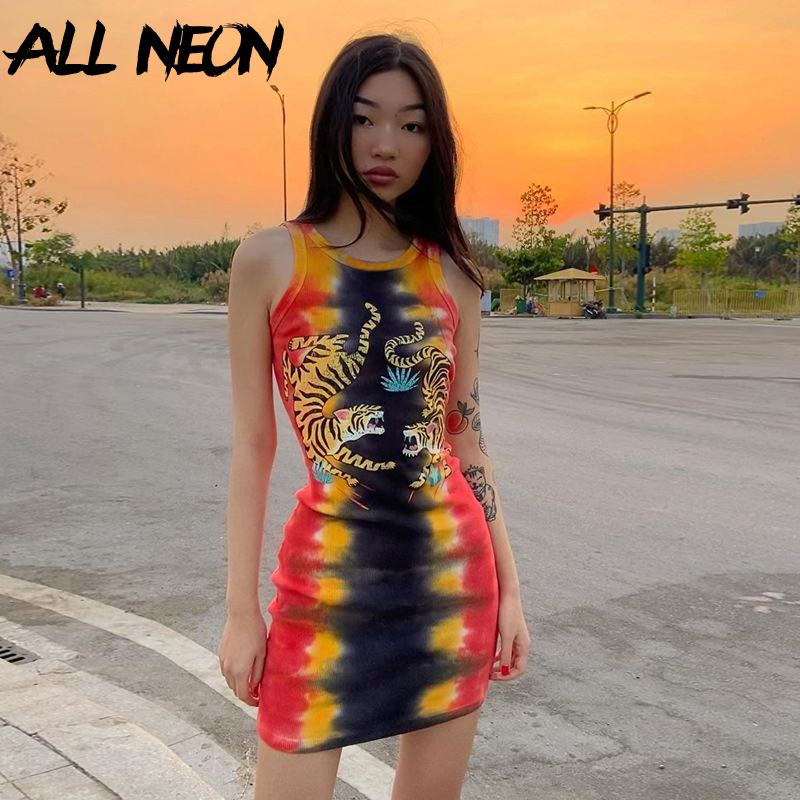 

ALLNeon Punk Tie Dye Sleeveless Graphic Mini Dresses Ribbed O-neck Tiger Printing Bodycon Party Dress E-girl Rave Summer Dresses, Orange