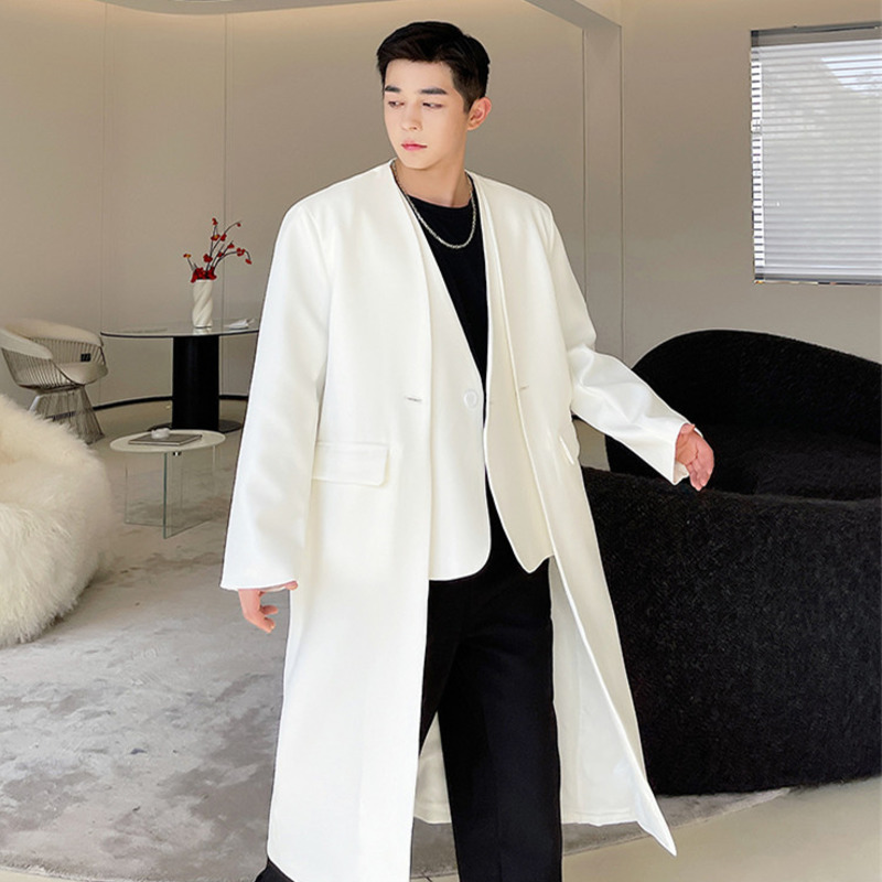 

Menswear Fake Two-piece Blazers Style Trench Coat 2021 New Double Breasted Long Sleeve Long Windbreaker Tide Autumn Winter, Tan;black