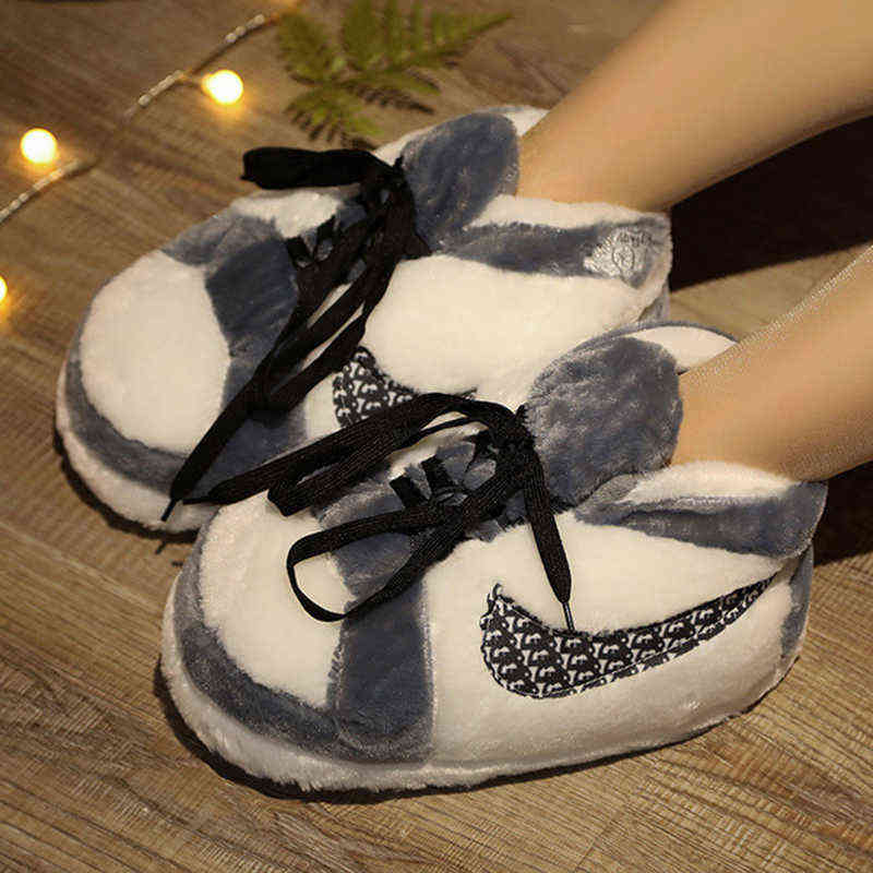 

Cute Cartoon Warm Lace-UP Women Slippers Designer Indoor Non-Slip Waterproof Bottom Cotton Shoes Winter Couples House Slides H1122, Purple white
