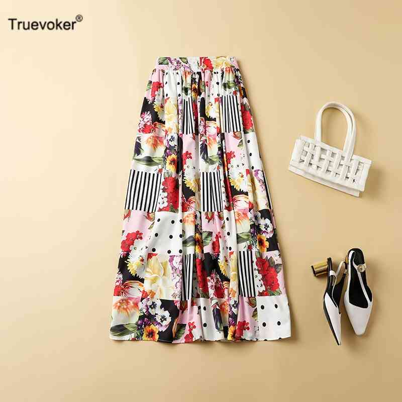 

Truevoker Summer Runway Resort Skirt Women Fancy Floral Print Lady Vocation Midi Long Chic 210602, Multi