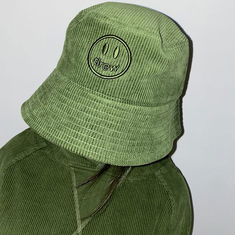 

DREW HOUSE Smiley Face Embroidered Fisherman Hat Designer High Street Casual Corduroy Hats for Men and Women, Green