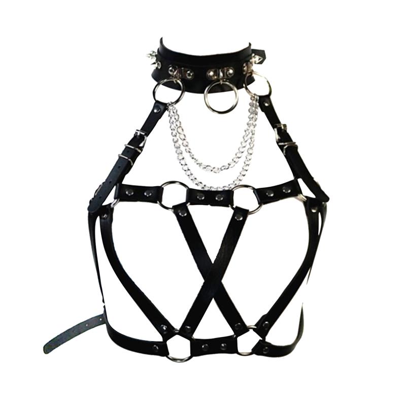 

Bras Sets Womens Punk Metal Chain Harness Belt Sexy Faux Leather Chest Strap O Ring Rivets Vest Adjustable Fashion, Black