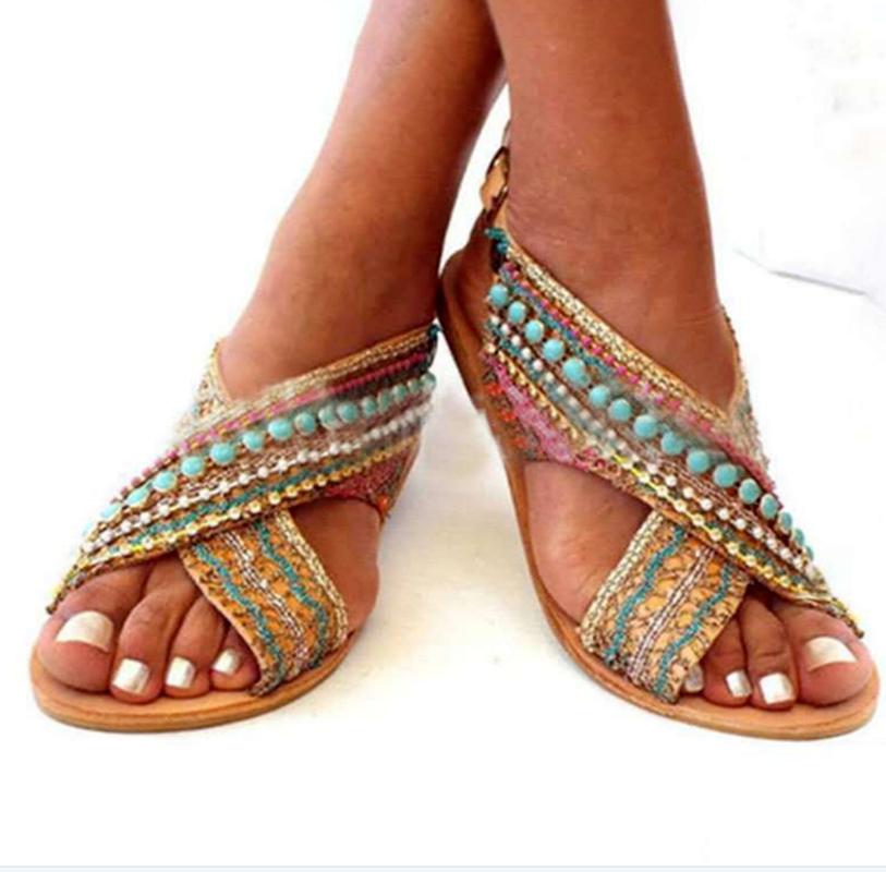 

Sandals Women Summer Beach Plus Size Mid Heels Flat Shoes Woman Vintage Leather Ethic Sandalias Mujer Sapato Feminino SF0451, Picture