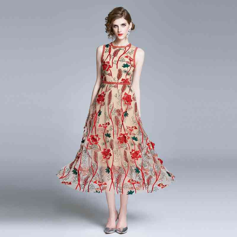 

Fashion Designer Long Maxi Dress Women's Round Neck Mesh Flowers Embroidery Vintage Elegant Party es 210520, Photo color