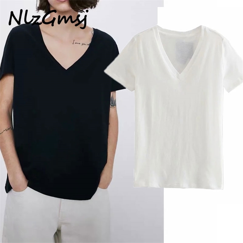 

T Shirt Women Basic V Neck Cotton White Short Sleeve ees Ladies ee Street Wear op 03 210628, As picture