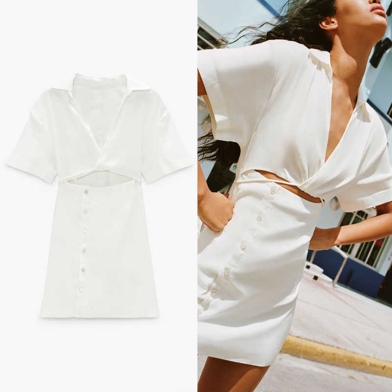 

Vintage Za Dress Women White Short Sleeve Cut Out Summer Dress Chic Side Zip False Button Up Woman Fit Mini Party Dresses 210602