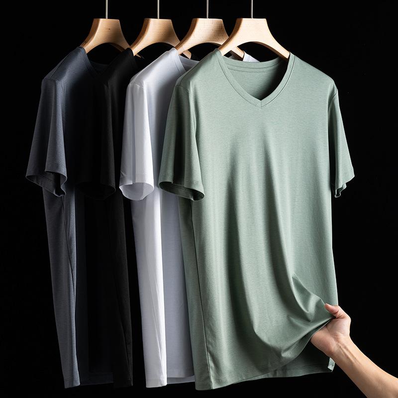 

Men's T-Shirts 2021 High-end Fabric Silk & Mercerized Cotton T-shirt Luxury Tee Short Sleeve Feeling Summer Wear Vacation V / O-neck, 6 o gray