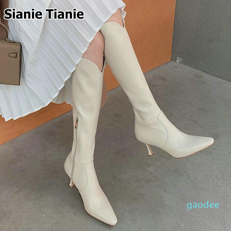

Boots Genuine Leather White Point Toe Stilettos Booties Slim For Woman Thin High Heels Women Knee, Black