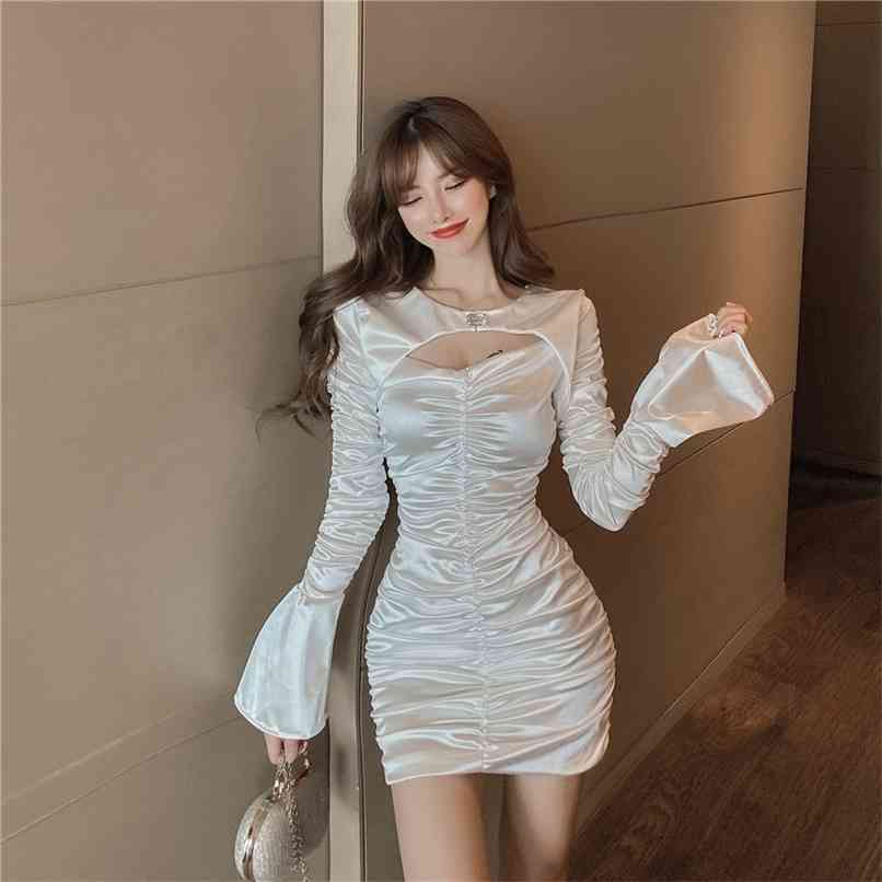 

Pleated Dress Women's Sexy Halter Long Sleeve Party Vestidos Slim Elastic bodycon dress 210520, Black