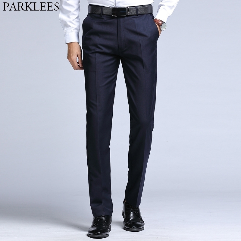 

Men's Casual Slim Fit Flart Front Dress Pants Business Formal Straight Suit Pants Men Wedding Groom Black Trousers for Male 42 210522, Navy