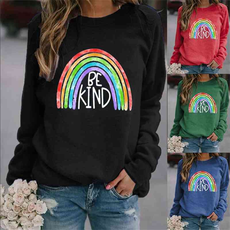 

2021 new top loose rainbow bekind printed round neck long sleeve women' sweater, Khaki