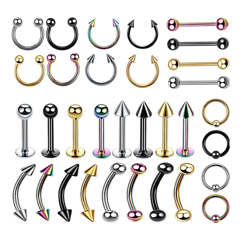 

32pcs Professional Piercing Kit Stainless Steel 14G 16G Belly Tongue Tragus Nipple Lip Nose Ring Body Jewelry