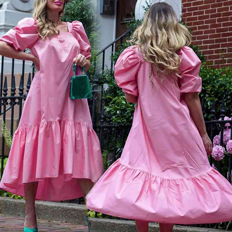 

Summer Women Long Bohemian Dresses Sexy Square Collar Pink Maxi Beach Sleeve Loose Boho Ruffle Vestidos 210603