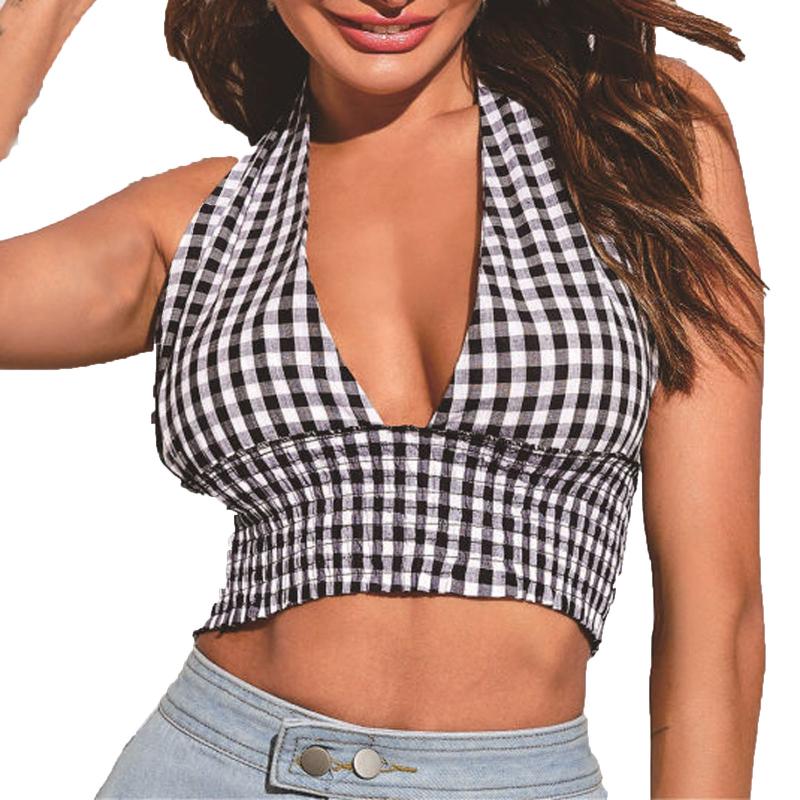 

Women' T-Shirt 2021 Ladies Open Back Summer Halter Sleeveless V-neck Plaid Print Sexy Corset Tops Women Beach Casual Top Street Fashion, Black