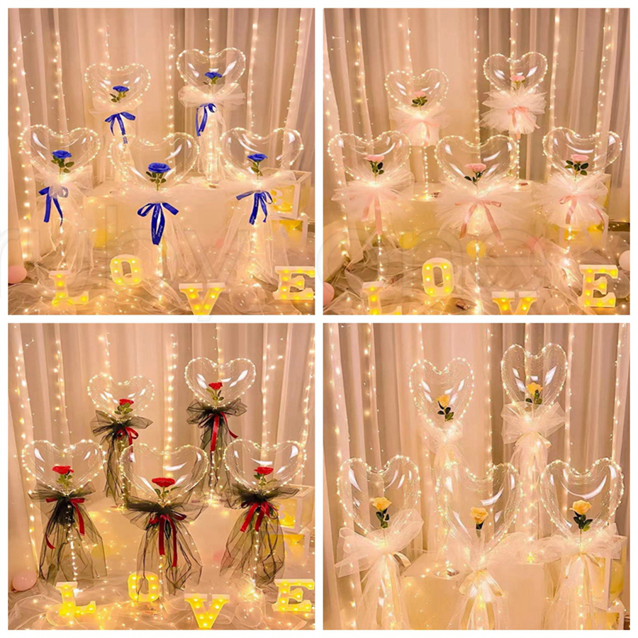 

Party Decorations LED Bobo Balloon Flashing Light Heart Shaped Rose Flower Ball Transparent Balloons Wedding Valentine's Day Gift RRA4523